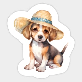 Watercolor Beagle Dog in Straw Hat Sticker